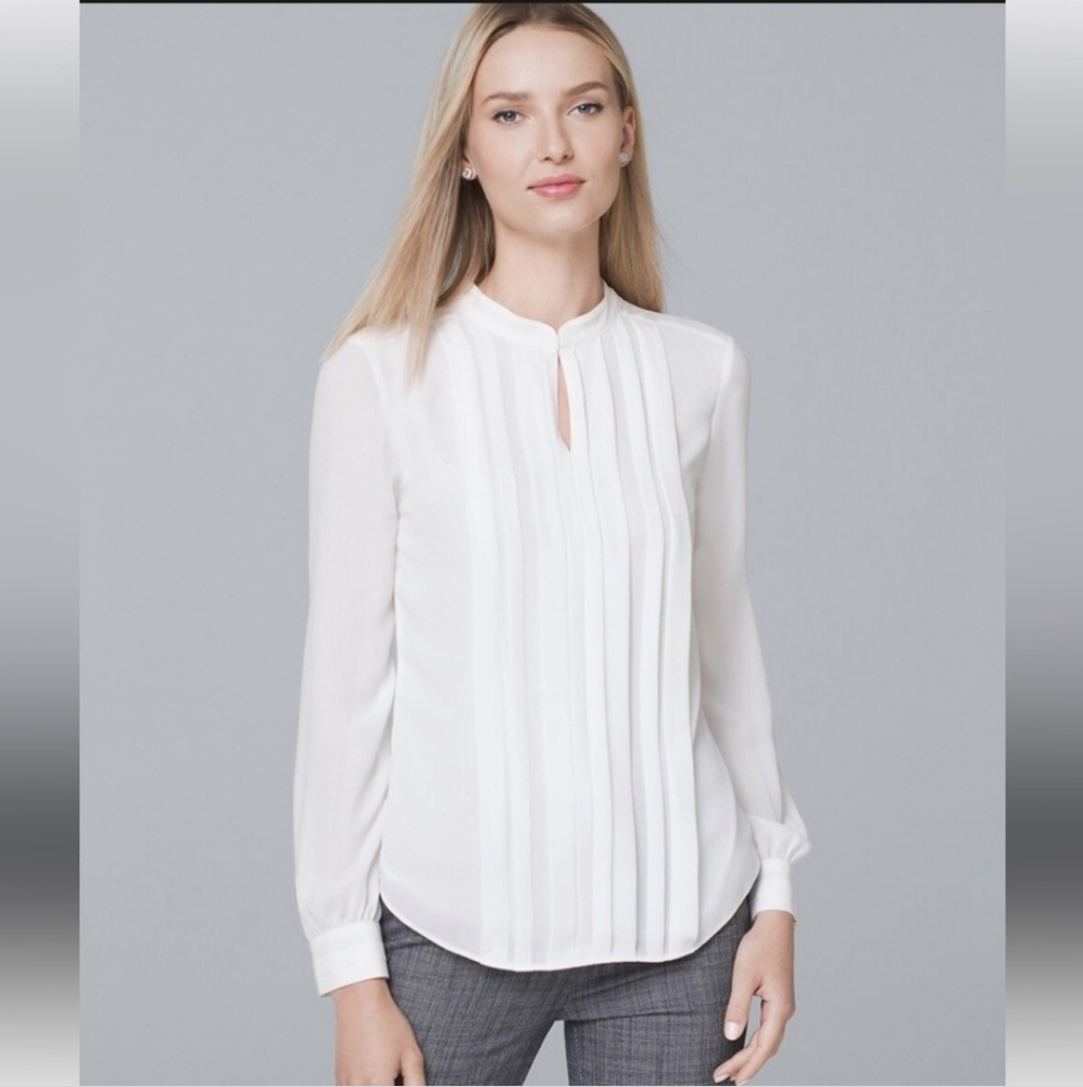 WHBM White Pleat Front Long Sleeve Blouse size 14P